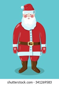 Santa Claus in red clothes in mittens with snowflakes and brown belt with golden buckle standing on background. EPS 10 vector illustration, no transparency