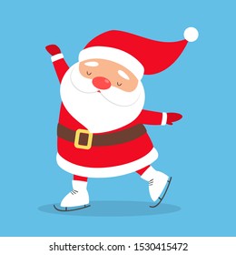 Santa Claus in red clothes on skates. Man with beard skating. Traditional winter activity. Flat vector illustration