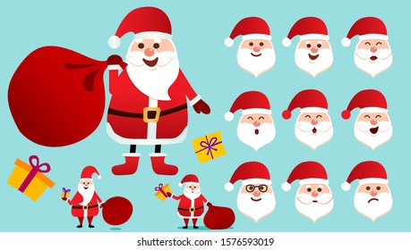 Santa Claus in red clothes. Set of different emotions character Santa. Happy old man with white beard. vector illustration in cartoon style