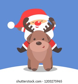Santa Claus in red clothes sitting on reindeer. Happy cute character celebrate xmas and new year. Flat vector illustration