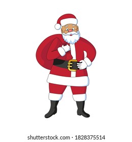 Santa Claus in red clothes stands and holds a bag. Vector illustration in cartoon style for Christmas.