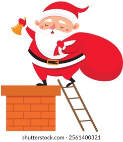 Santa Claus with red clothes, white beard and gifts bag is standing on a chimney with a wooden ladder and ringing a bell during Christmas time