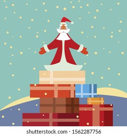 Santa Claus in a red coat and red hat with a white beard and mustache stands near multi-colored boxes with gifts on a background of snowdrifts and a blue sky with snowflakes
