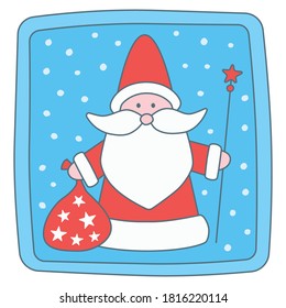Santa Claus in a red coat and red hat with a sack of New Year's and Christmas gifts and a magic wand against the sky with falling snowflakes in the form of a sticker. Cute cartoon vector drawing