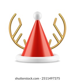 Santa Claus red cone cap with golden deer horns Christmas toy 3d icon realistic vector illustration. Xmas New Year traditional headdress fairy tale character hat winter holiday bauble decor element