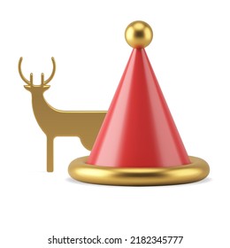 Santa Claus red cone hat with decorative golden elements and slim forest deer bauble realistic 3d icon vector illustration. Christmas premium toys souvenir composition winter traditional holiday
