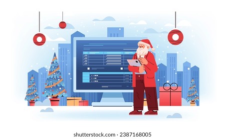 santa claus in red costume analyzing financial data on charts planning report market analysis accounting happy new year merry christmas