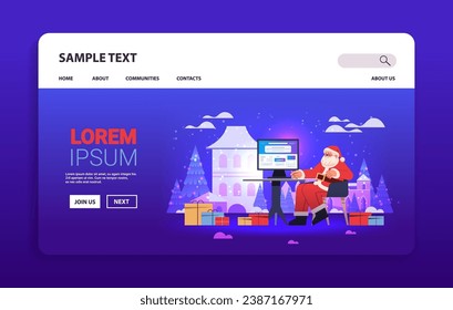 santa claus in red costume article editor writing publicity post copywriting selection verification happy new year merry christmas holidays