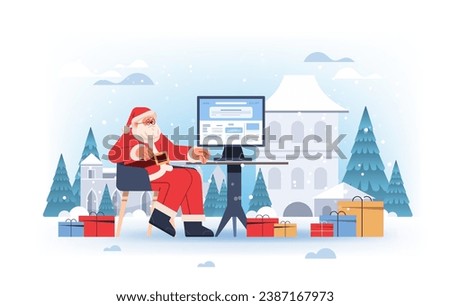 santa claus in red costume article editor writing publicity post copywriting selection verification happy new year merry christmas holidays