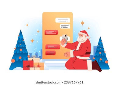 santa claus in red costume chatting in mobile app on smartphone screen online communication happy new year merry christmas holidays
