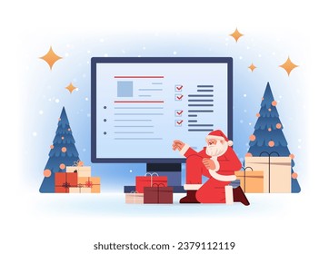 santa claus in red costume choosing resume curriculum vitae of new employees job candidates recruitment hiring happy new year merry christmas