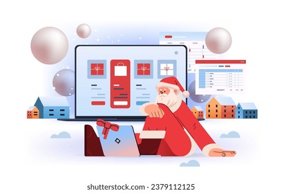 santa claus in red costume choosing gifts in online shopping app on laptop happy new year merry christmas holidays celebration concept