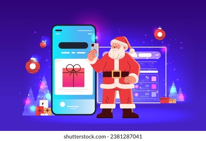 santa claus in red costume choosing gifts in online shopping app on cellphone screen happy new year merry christmas holidays celebration
