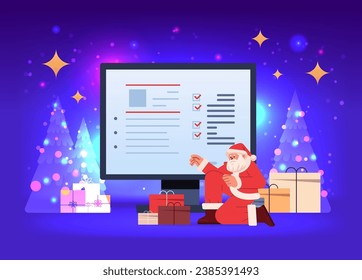 santa claus in red costume choosing resume curriculum vitae of new employees job candidates recruitment hiring happy new year merry christmas holidays