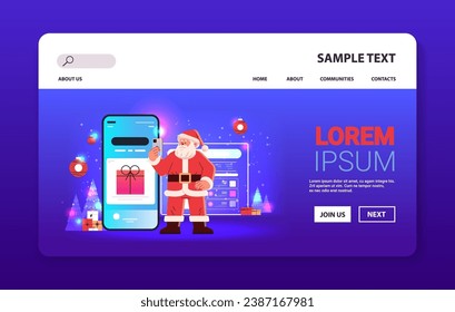 santa claus in red costume choosing gifts in online shopping app on cellphone screen happy new year merry christmas holidays celebration
