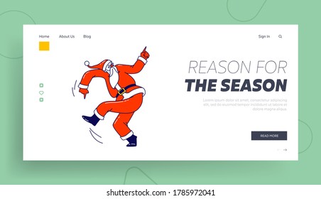 Santa Claus in Red Costume Dancing Landing Page Template. Cool Christmas Character Performing Modern Dance at Night Club Party or Xmas Celebration Event. New Year Disco. Linear Vector Illustration