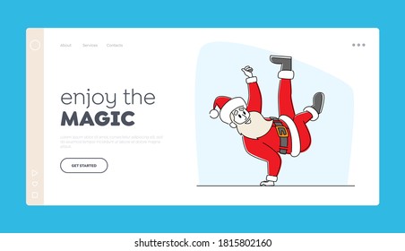 Santa Claus in Red Costume and Hat Dancing Brake Stand on One Arm Landing Page Template. Christmas Character Performing Modern Youth Dance at Xmas Party Celebration or Club. Linear Vector Illustration