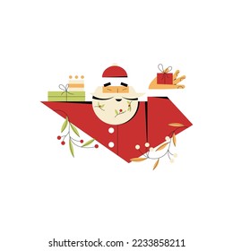 Santa Claus in Red Costume Holding Gift Box and Smiling Vector Illustration. Christmas and New Year Holiday Celebration