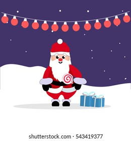 Santa Claus in red costume holding candy on snowy background 