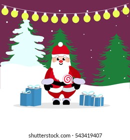 Santa Claus in red costume holding candy with firs on background 