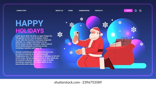 santa claus in red costume kneeling on floor and using cell phone happy new year merry christmas holidays celebration concept