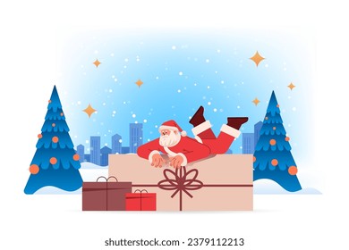 santa claus in red costume lying on wrapped gift boxes happy new year merry christmas holidays celebration concept