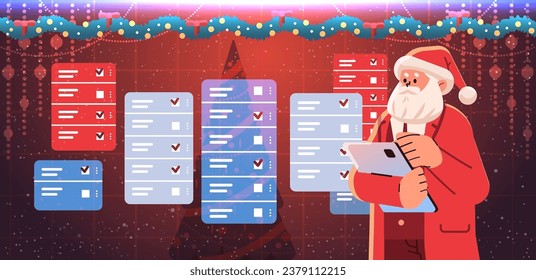 santa claus con disfraces rojos haciendo tareas completas en la lista de verificación feliz año nuevo feliz concepto de celebraciones navideñas navideñas