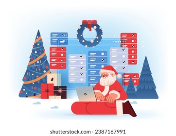 santa claus in red costume making complete tasks on checklist happy new year merry christmas holidays celebration