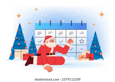 santa claus in red costume near holiday planner christmas organizer happy new year merry christmas holidays celebration concept