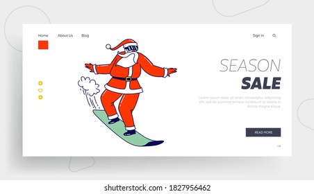 Santa Claus in Red Costume Perform Stunts on Snowboard Landing Page Template. Christmas Character in Sunglasses Holidays Sports Activity, Hobby and Xmas Festive Spare Time. Linear Vector Illustration