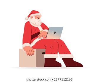 santa claus in red costume sitting on chair box and using laptop happy new year merry christmas holidays celebration concept