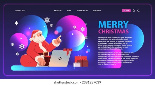 santa claus in red costume sitting lotus pose, using laptop and pointing finger at something happy new year merry christmas holidays celebration