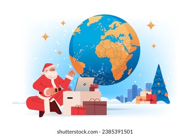 santa claus in red costume sitting near world map and gift boxes using laptop happy new year merry christmas holidays celebration