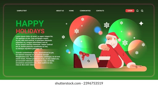 santa claus in red costume sitting on floor and using laptop happy new year merry christmas holidays celebration concept