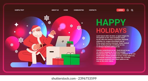 santa claus in red costume sitting with crossed legs near gift boxes and using laptop happy new year merry christmas holidays celebration