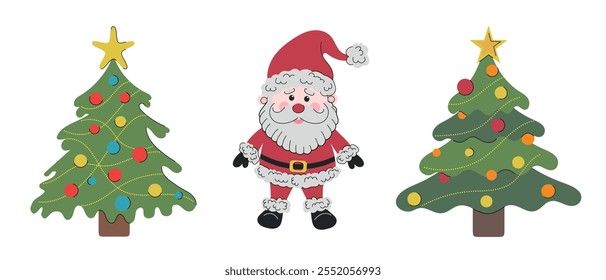 Santa Claus in red costume is standing between two Christmas tree decorated with Christmas lights. Hand drawn vector illustrations in flat style. Christmas holiday stickers, icons, decorations