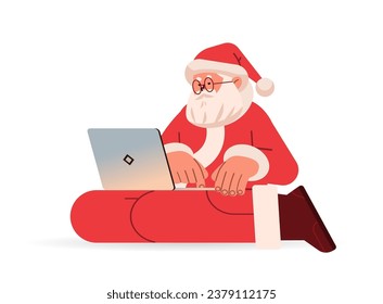 santa claus in red costume typing on laptop happy new year merry christmas holidays celebration concept isolated