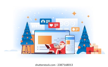 santa claus in red costume using chatting apps online communication social media network happy new year merry christmas holidays