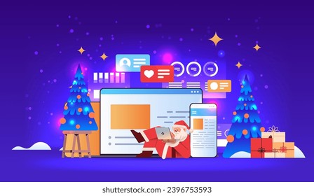 santa claus in red costume using chatting apps online communication social media network happy new year merry christmas holidays celebration