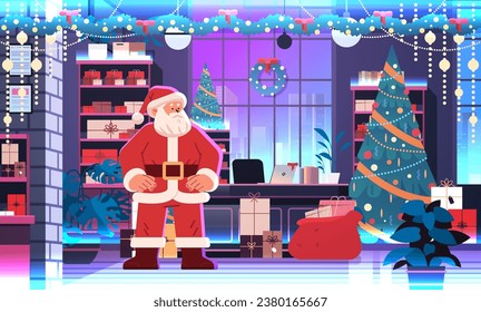 santa claus in red festive costume and hat standing near sack full of gifts happy new year merry christmas holidays celebration concept