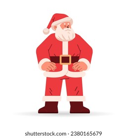 santa claus in red festive costume and hat standing full length happy new year merry christmas holidays celebration concept