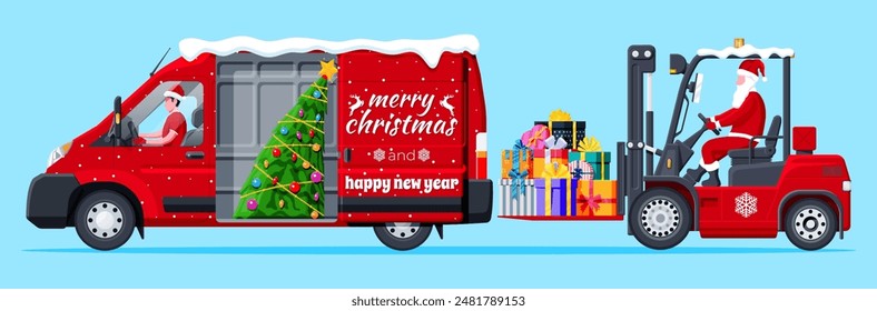 Santa Claus en carretilla elevadora roja cargada con pila de cajas de regalo y camioneta. Regalos de Navidad Entrega y Envío. Feliz Año Nuevo. Feliz Navidad Festiva. Año Nuevo y Navidad. Ilustración vectorial plana