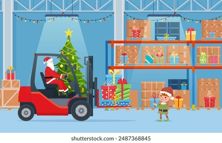 Santa Claus in Red Forklift Loaded with Christmas Tree. Christmas Presents Delivery and Shipping. Merry Christmas Holiday. New Year and Xmas. Vector illustration in flat style