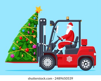 Santa Claus in Red Forklift Loaded with Christmas Tree. Christmas Presents Delivery and Shipping. New Year Decoration. Merry Christmas Holiday. New Year and Xmas. Flat Vector Illustration