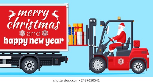 Santa Claus in Red Forklift Loaded with Pile of Gift Boxes and Truck. Christmas Presents Delivery and Shipping. Happy New Year. Merry Christmas Holiday. New Year and Xmas. Flat Vector Illustration