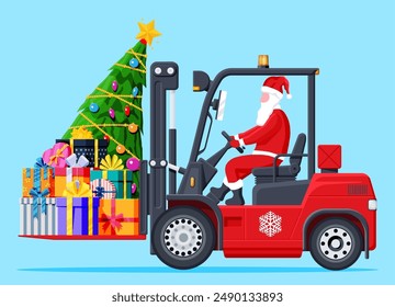 Santa Claus in Red Forklift Loaded with Pile of Gift Boxes and Tree. Christmas Presents Delivery and Shipping. New Year Decoration. Merry Christmas Holiday. New Year and Xmas. Flat Vector Illustration