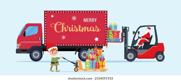 Santa Claus in Red Forklift Loaded with Pile of Gift Boxes and Truck. Christmas Presents Delivery and Shipping. Pallet jack full of gift boxes. New Year and Xmas. Vector illustration in flat style