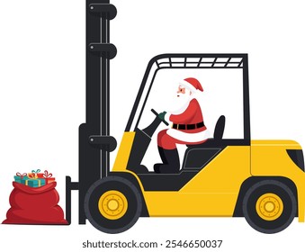 Papai Noel em Empilhadeira Vermelha Carregado com saco de Natal. O Natal apresenta entrega e transporte. Feliz Natal. Ano Novo e Natal. Ilustração vetorial em estilo plano