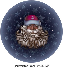 Santa Claus in a red fur-cap and with curly beard on a background of snowflakes and stars