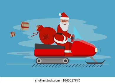 Santa Claus with red gift bag on the snowmobile isolated, cute cartoon vector illustration.
